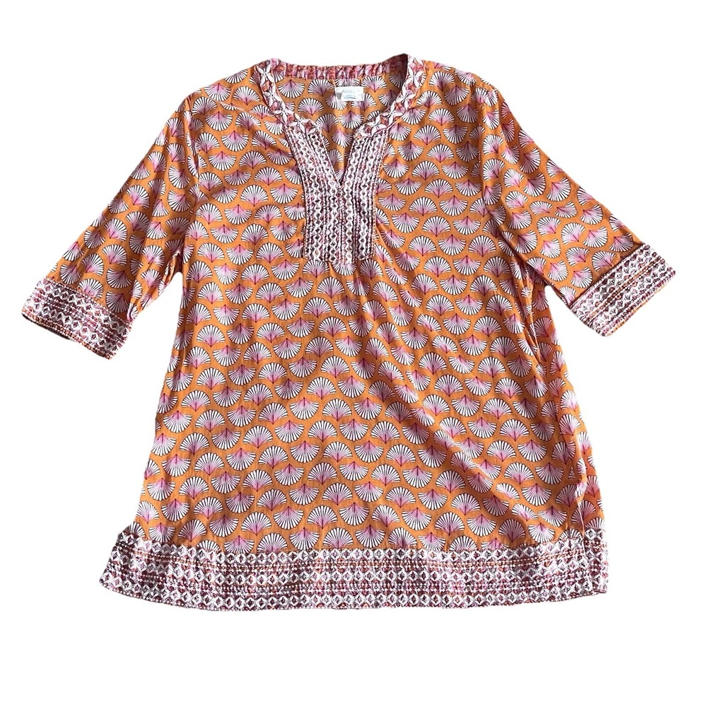Sigrid Olsen Women's Tunic Top Size Medium Orange White Embroidered Fan Print